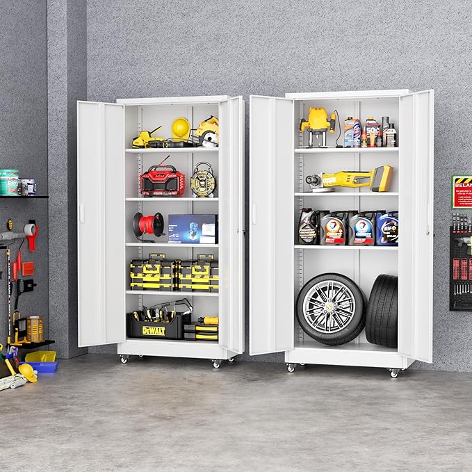 Greenvelly White Metal Storage Cabinet with Wheels, 73" Steel Garage Rolling Cabinet with Doors and 4 Shelves, Tall Locking Cabinets Tool Lockable Storage Cabinets for Basement, Pantry, Home Office