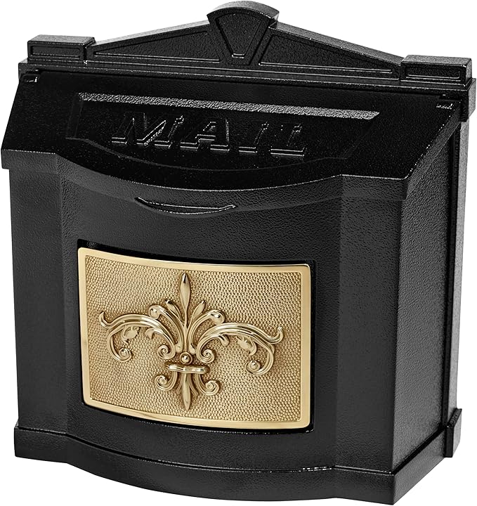 Gaines Wallmount Mailbox - Powder Coated Aluminum with Solid Brass Accents - Mounting Hardware Included (Black with Polished Brass Fleur De Lis)