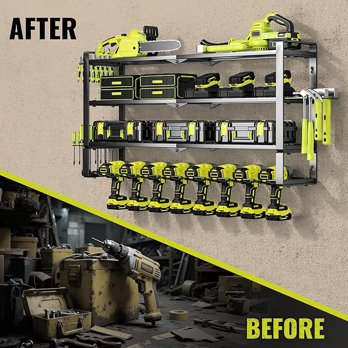 4 Layers Extra Tall Power Tool Organizer Wall Mount Loads 400lbs,Heavy Duty Metal Battery Tool Rack with 8 Cordless Drill Holders,Tool Storage Shelf For Workshop,Garage,Warehouse,Gifts for Men,Husband