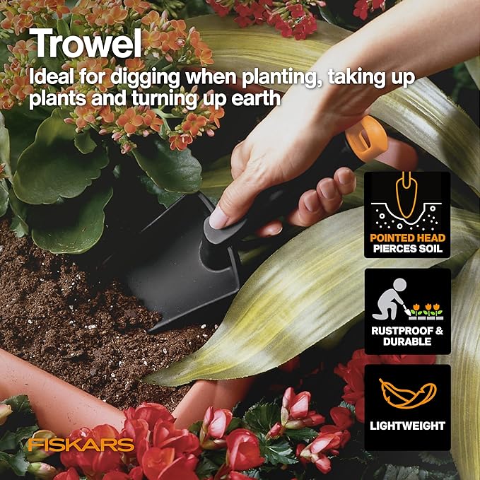 Fiskars House Plant Starter Tool Set with Set with Bypass Pruner, Trowel, Cultivator, and L/XL Garden Gloves for Indoor Gardening (4 Piece Kit)