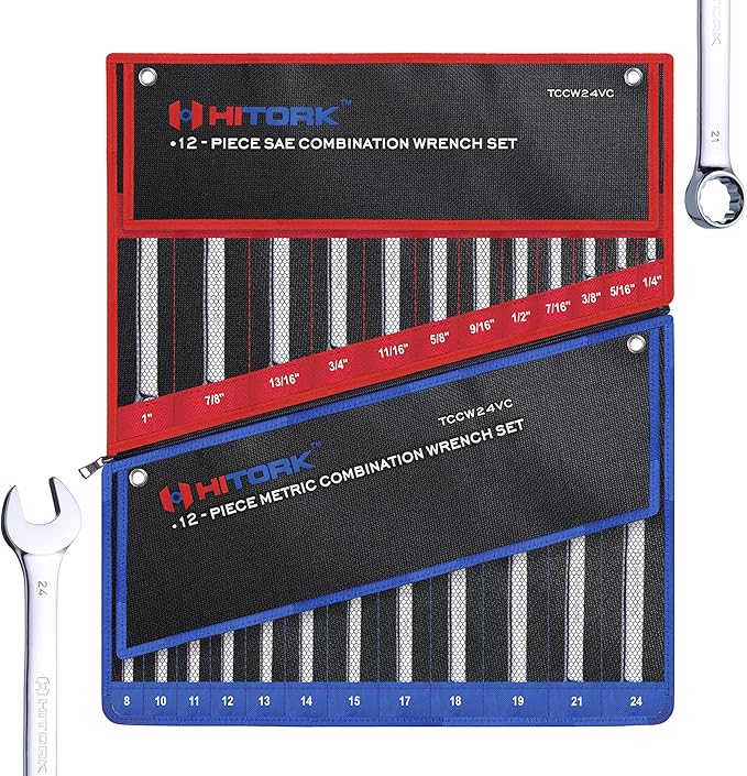 Hitork 24-Piece Combination Wrench Set, SAE (1/4"–1") & Metric (8–24mm), Cr-V Steel, Mirror Chrome Finish, 12-Point Box End, 15° Offset, with Roll Pouch – Ideal for Home, Garage & Auto Repair