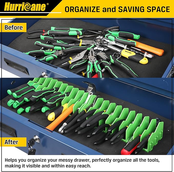 HURRICANE Plier Organizer Rack, 10-Slot Pliers Rack with Non-Slip Rubber Base, Tool Organizer, Tool Drawer Toolbox Storage, Green, Extendable Design, Fit 3” H, 1 Pack