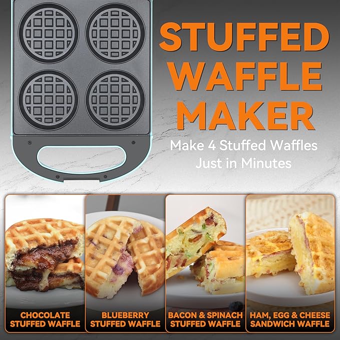 Baker's Friend Multi Stuffed Waffle Maker Thick, 4-Slice with 1.2'' Thick & 4'' Dia, Belgian Mini Waffle Maker Flip, Nonstick Breakfast Sandwich Maker, Stuffed Waffle Iron, Aqua