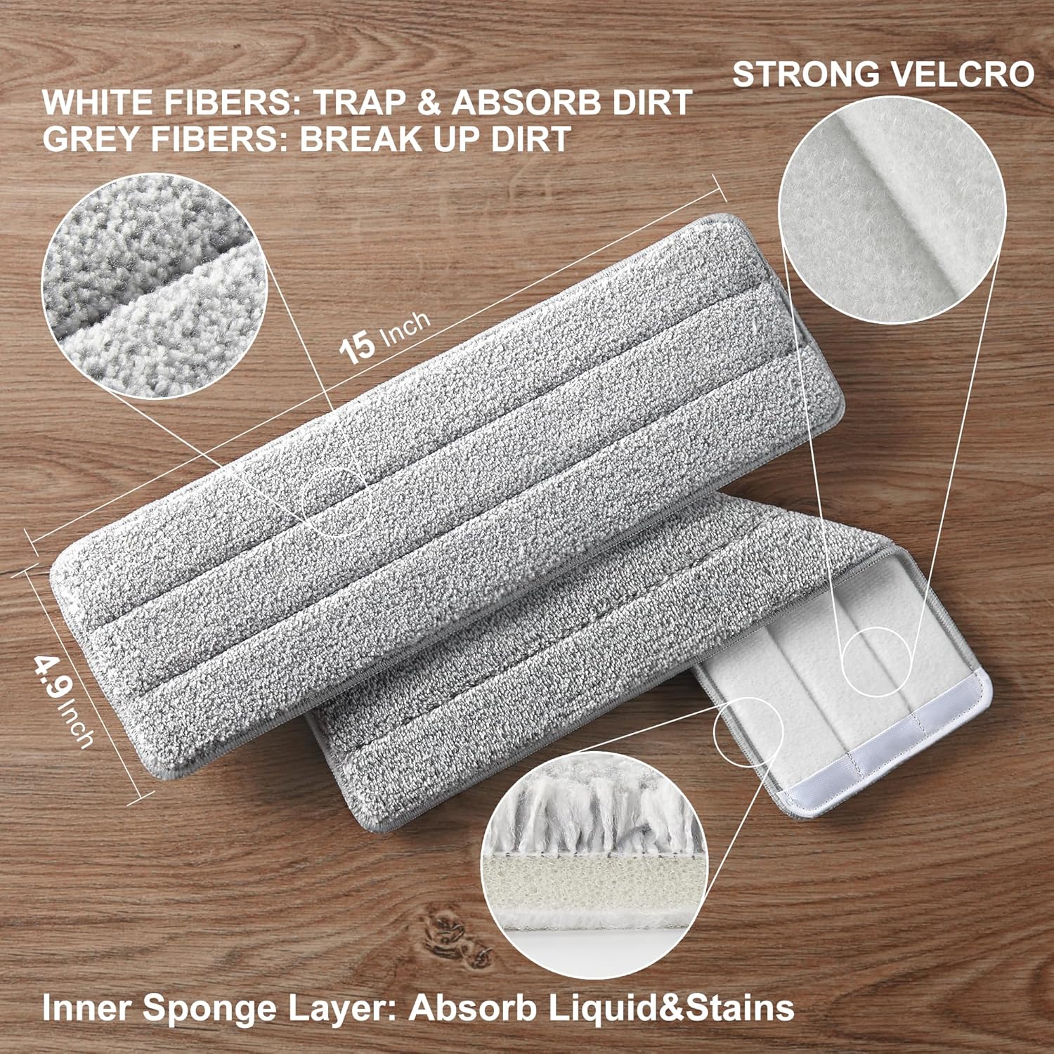 JOYMOOP Flat Mop Pad, Microfiber Mop Pad, Squeeze Mop Pads Replacement, 15" Refill 1 Pack - Grey