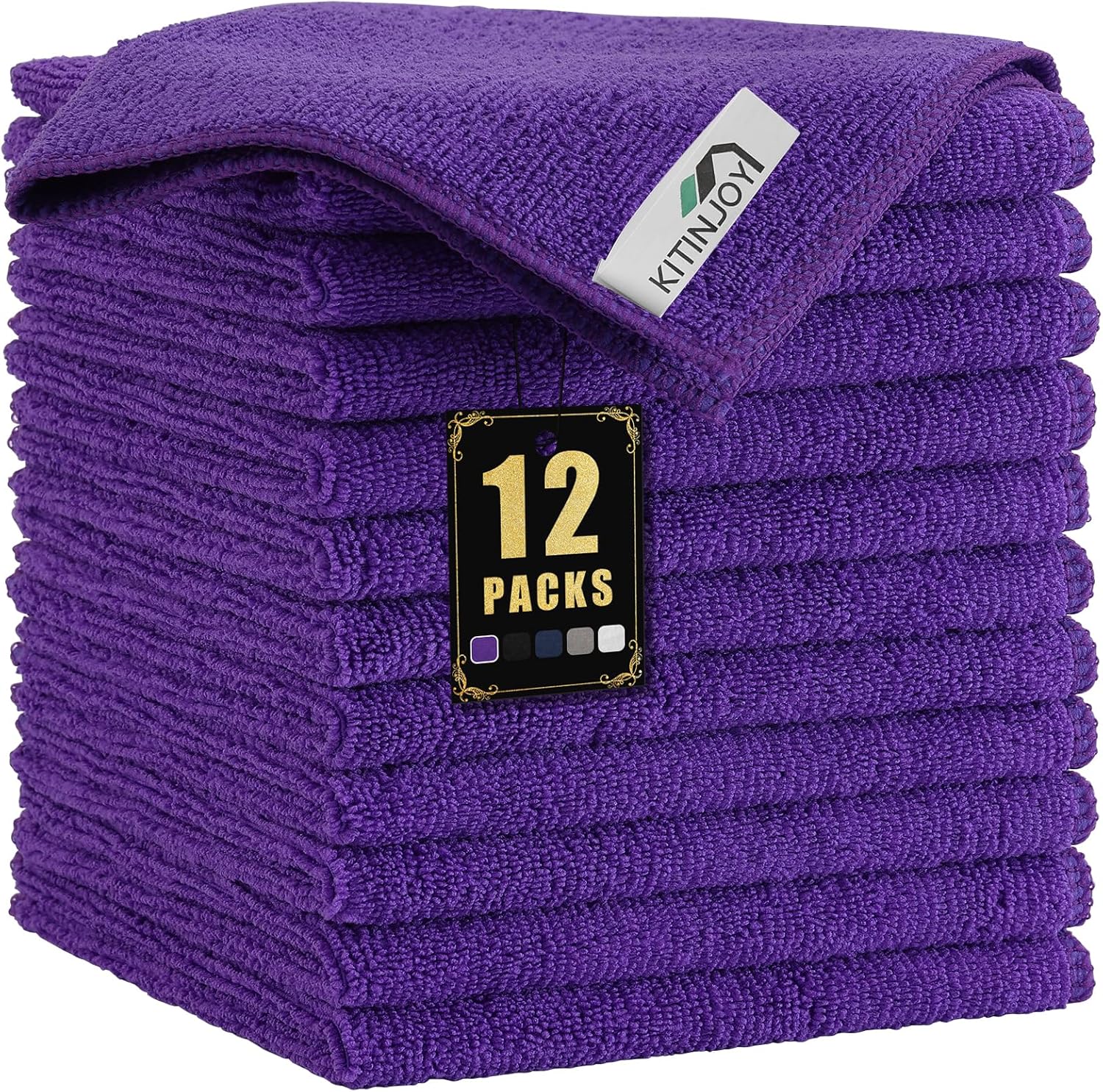 Kitinjoy 12 Pack Microfiber Cleaning Cloth(12 x 12 Inches, Purple), Ultra Soft and Absorbent Cleaning Rags, Reusable and Non-Linting dust Removal Cleaning Cloths for Car, House, Kitchen