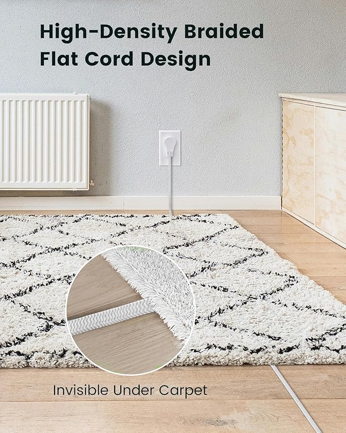 SURAIELEC 6FT Flat Extension Cord with 360° Rotating Plug, Braided Flat Plug with 3 Outlets, 16 AWG Thin White Extension Cord for Indoor Use, Home, Office, Compact Spaces, ETL Listed