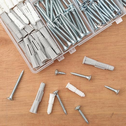 High Hardness Wood Screws Assortment Kit and Plastic Wall Anchors, 203 pcs 1/2" to 1-1/2" Phillips Drive Flat Head Screws & 30 pcs M6 Drywall Anchors
