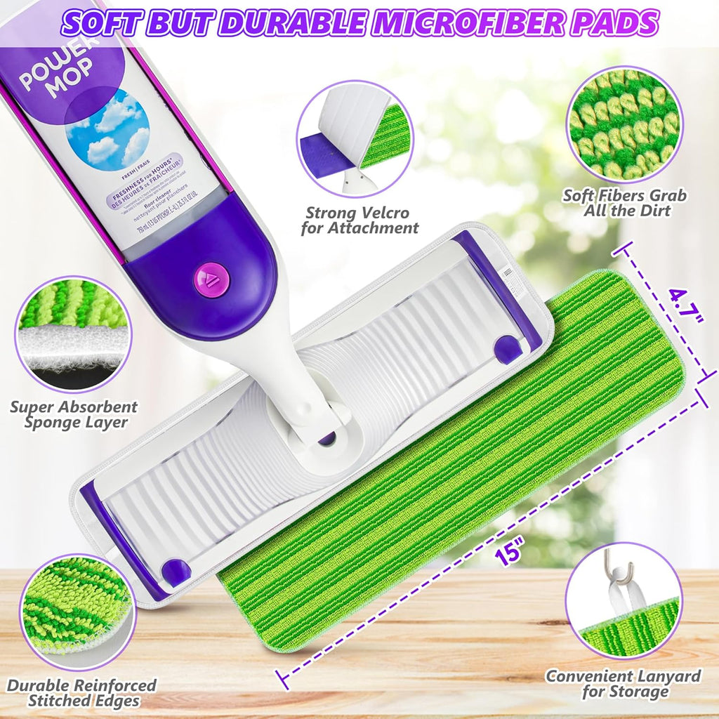 Reusable Pads Compatible with Swiffer PowerMop - SEVENMAX 15" Microfiber Power Mop Refills Pads Spray Mop Replacement Heads Cloths Washable Dry Wet Mopping for Wood Floor Cleaning x8