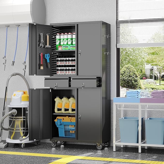 Metal Garage Storage Cabinet with 2 Drawers and 2 Adjustable Shelves, Rolling Tool Storage Cabinet with Wheels and Locking Doors for Garage, Warehouse, Assembly Required, Black