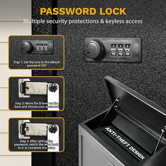 DWVO Wall-Mount Mailbox with Password Lock & Secure Lid, Parcel Drop Box, Anti-Theft Lockable Storage Box for Home, Office & School, Wall-Mounted or Floor-Mounted, Black, 9 gallons