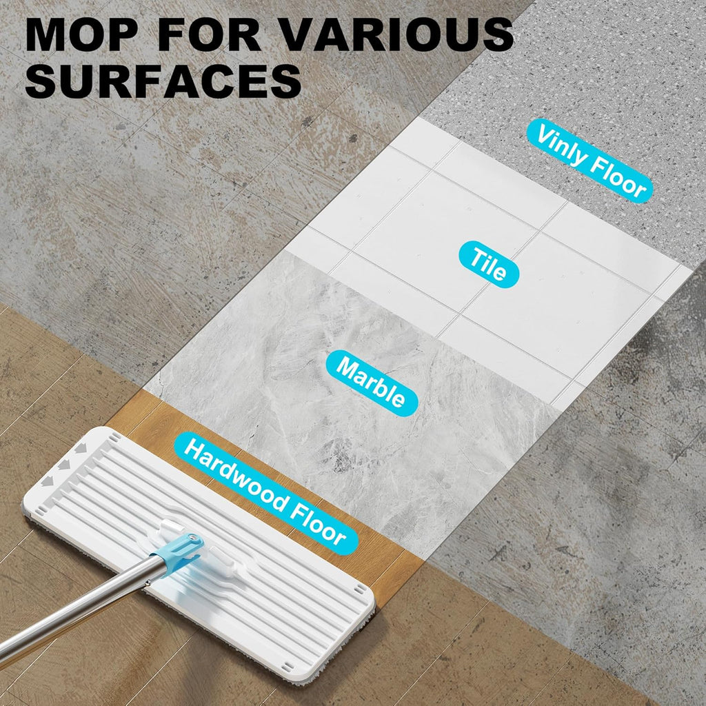 Mop and Bucket Set with Wringer, Dry & Wet Wall Mop Cleaner with Long Handle, Flat Squeeze Spin Dust Mop for Household Floor Cleaning with 4 Microfiber Mops, Turquoise-Cyan
