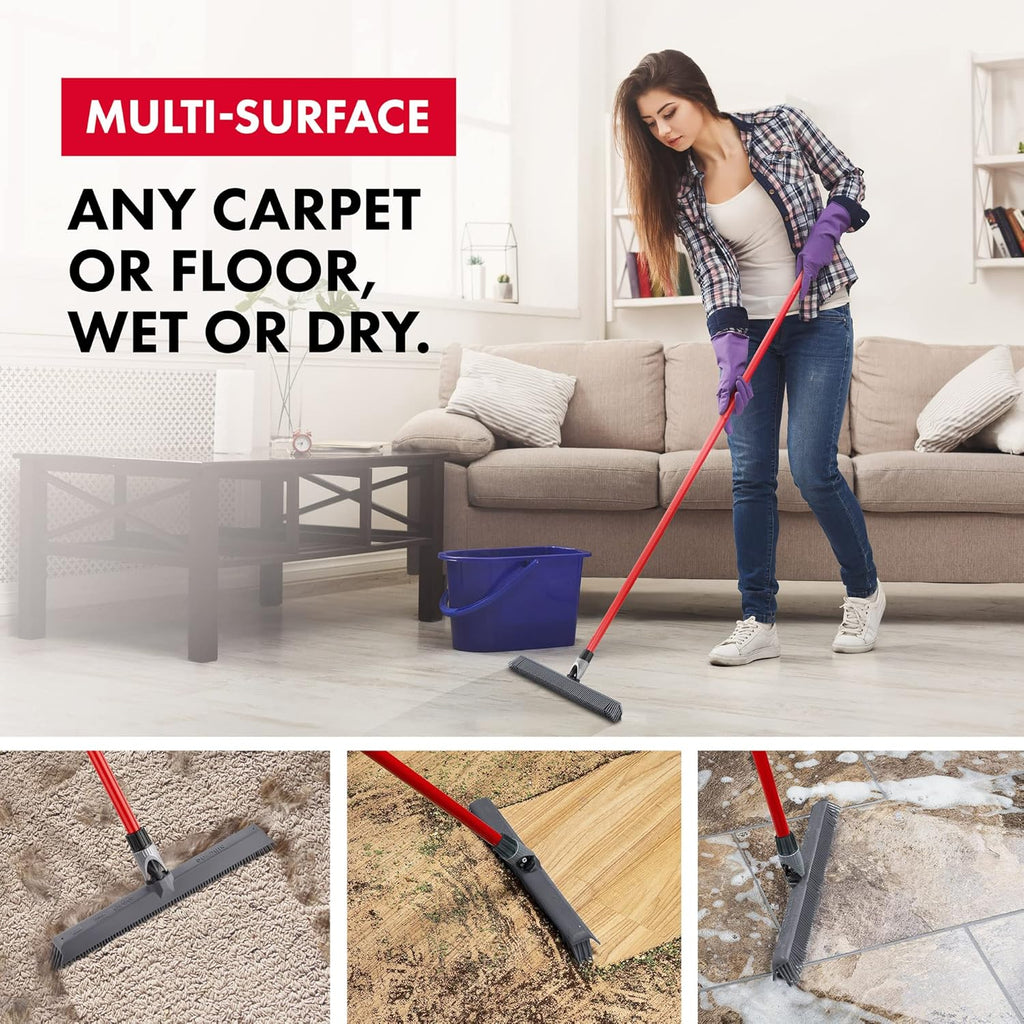 2-in-1 Silicone Rubber Broom Carpet Rake and Squeegee - Swivel Pet Hair Removal Broom with 1 Piece Long Handle - Slanted Side Bristles for Corners - Multipurpose Broom for Carpet, Hardwood Floor, Tile