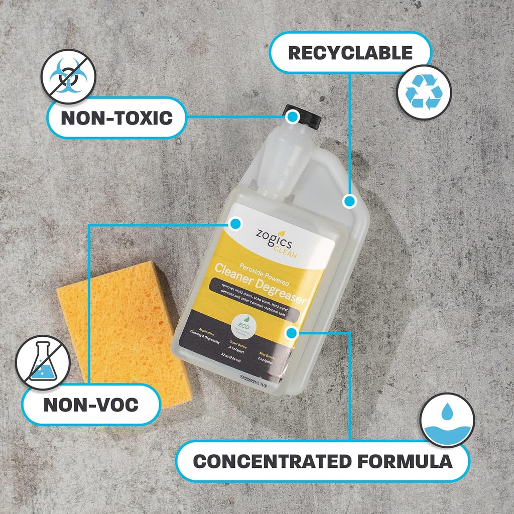 Zogics Peroxide Powered Cleaner Degreaser, 32 oz Bottle Makes up to 8 Gallons - Meets ECOLOGO Standards