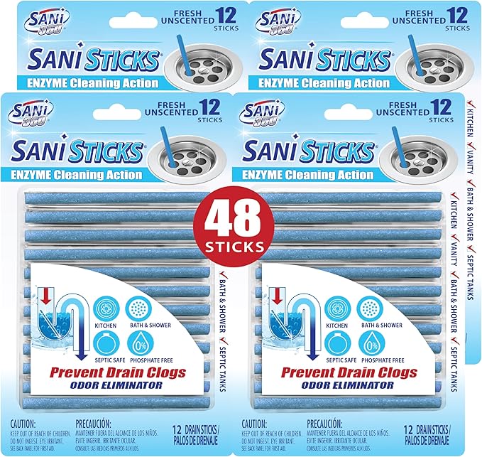 SANI 360° Sani Sticks Drain Cleaner and Deodorizer, 48 Count, Unscented Enzyme Pipe Cleaners, Eliminate Odors, Prevent Clogged Drains, Safe for Sinks, Bathtub Drains, Septic Tanks