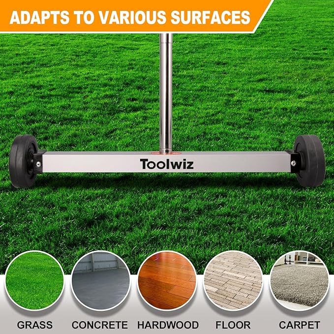Toolwiz Magnetic Pick Up Sweeper 17-inch Heavy Duty Magnet Pickup Lawn Sweeper Roofing Tools, 8.8 Lbs Yard Magnet with Telescoping Holder and Wheels to Pick Up Nails Magnetic Sweeper for Construction
