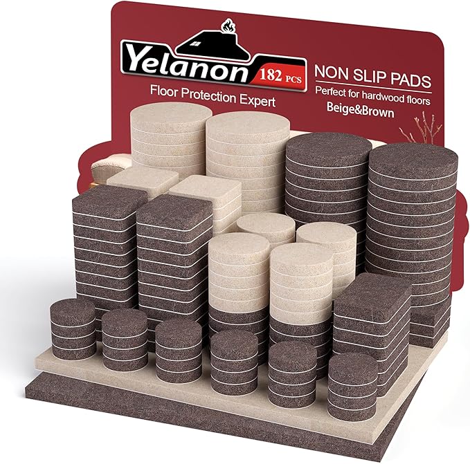 Yelanon Felt Furniture Pads -182 Pcs Premium Felt Pads for Chair Legs Furniture, Floor Protectors for Hardwood Floors,Brown & Beige