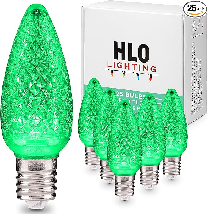 HLO Lighting Set of 25 Green C9 Faceted LED Christmas Light Bulbs for Indoor & Outdoor Use | Durable Replacement Bulb