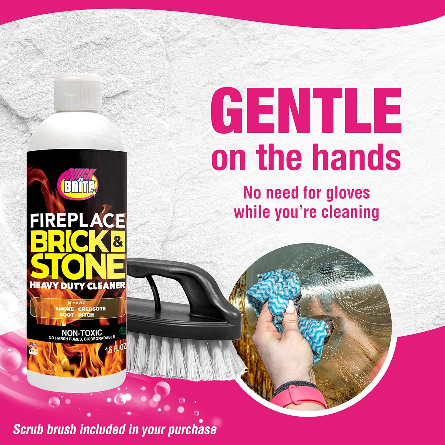 Quick N Brite Fireplace Gel Cleaner with Scrub Brush for Brick, Stone, Rock, Tile, and Marble, Nonabrasive Fireplace Cleaner, Made in the USA, 16 oz