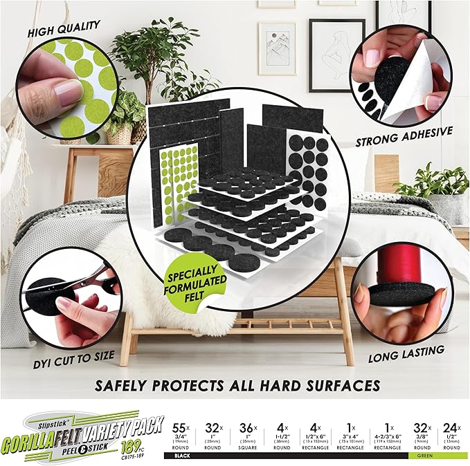 Slipstick Gorilla Felt Furniture Pads (189 Piece Variety Pack) Premium Furniture Pads & Chair Leg Floor Protectors for Hardwood Floors & Hard Surfaces