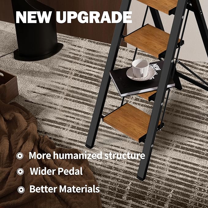 4 Step Ladder,Lightweight Folding Step Stool with Aluminum Wide Pedal& Convenient Handgrip,330lbs Capacity Steel Ladder for Household and Office(Black &Woodgrain)
