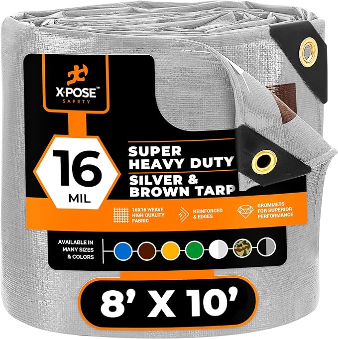 8' x 10' Super Heavy Duty 16 Mil Silver/Brown Poly Tarp Cover - Thick Waterproof, UV Resistant, Rip and Tear Proof Tarpaulin with Grommets and Reinforced Edges - by Xpose Safety