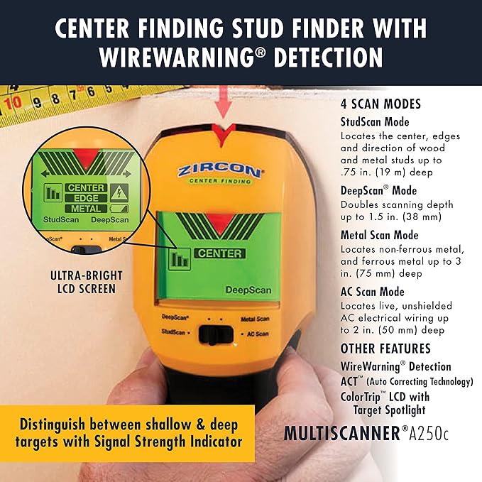 Zircon MultiScanner A250c All-In-One Stud Finder/Metal Detector/Live AC Wire Detection and Scanner