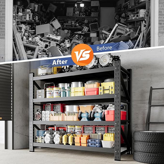 3000LBS Storage Shelves, 48" W Heavy Duty Garage Shelving Unit, Adjustable Industrial Shelving, 4 Tier Metal Shelving for Garage, Supermarket, Warehouse, 48" W x 24" D x 70" H