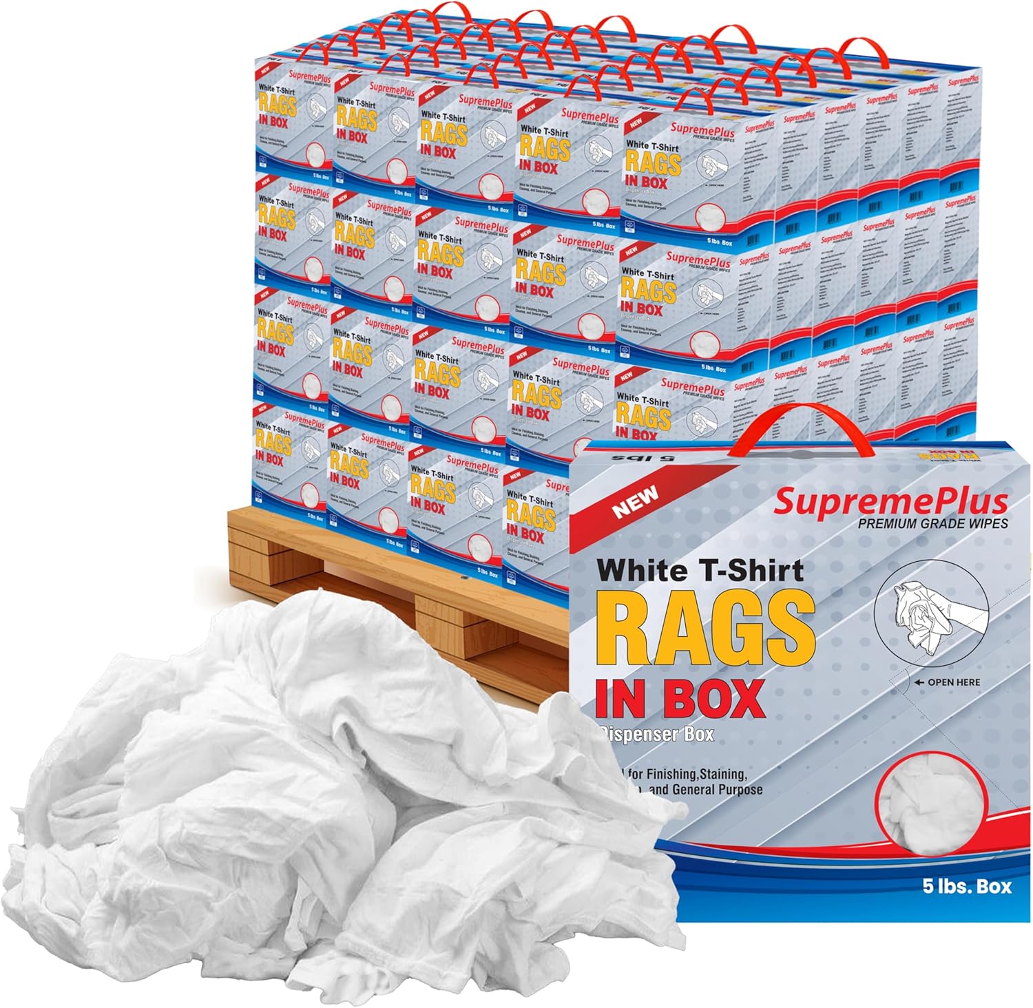 Premium White T-Shirt Cleaning Rags (600 lbs. Pallet 120x5 lbs. Compressed Box of Rags) – White Cotton Cloths for Cleaning, Staining, Painting, Oil, Grease & Dust Removal