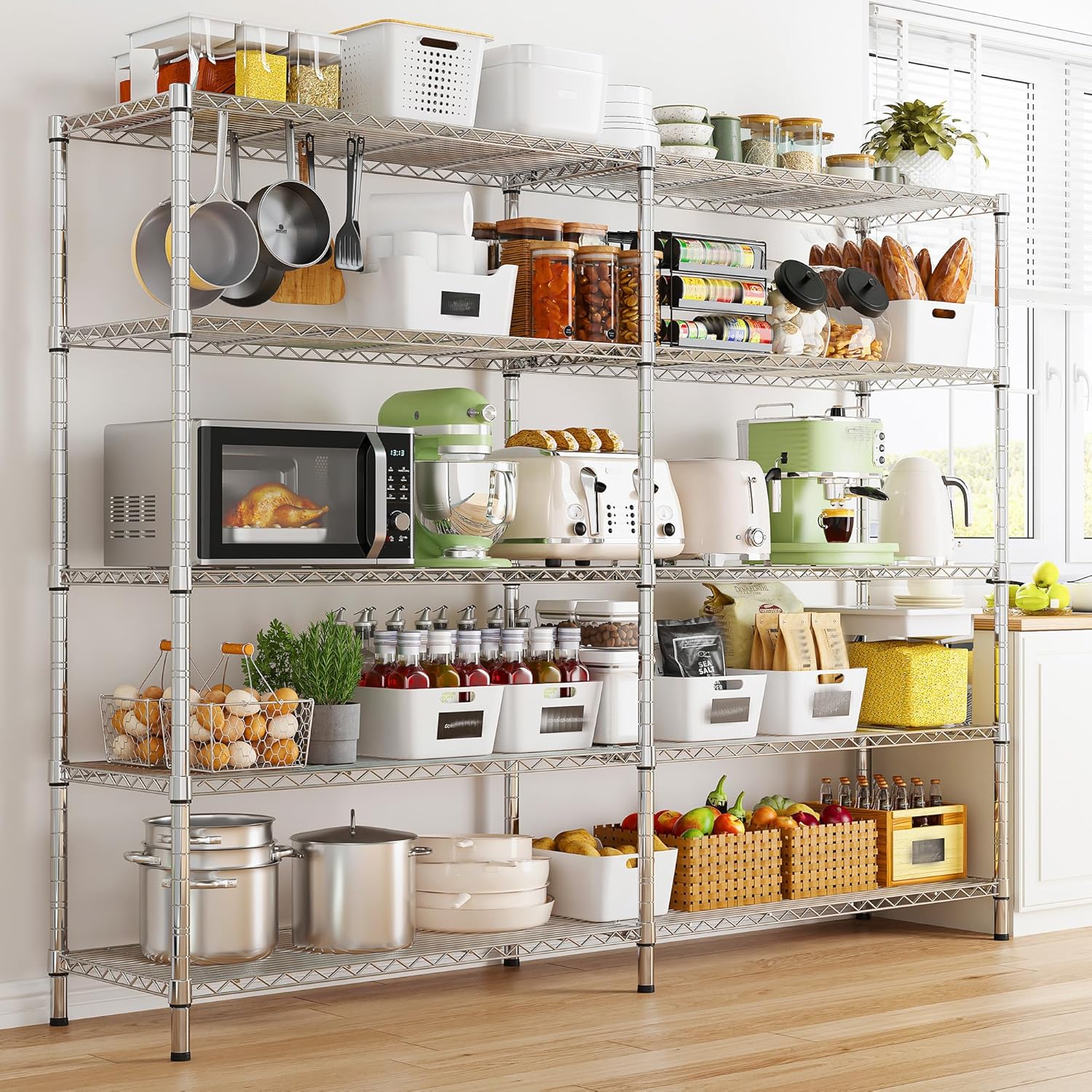 REIBII 58" W 5 Tier Heavy Duty Wire Shelving Unit with Adjustable Shelves - 1400LB Metal, Chrome - 58" W x 59" H x 13.8" D - Garage, Pantry, Kitchen