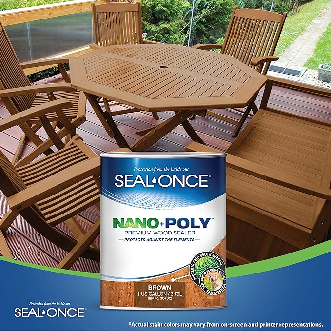Seal-Once Nano+Poly Penetrating Wood Sealer with Polyurethane - Premium Waterproof Sealant -1 Gallon & Brown