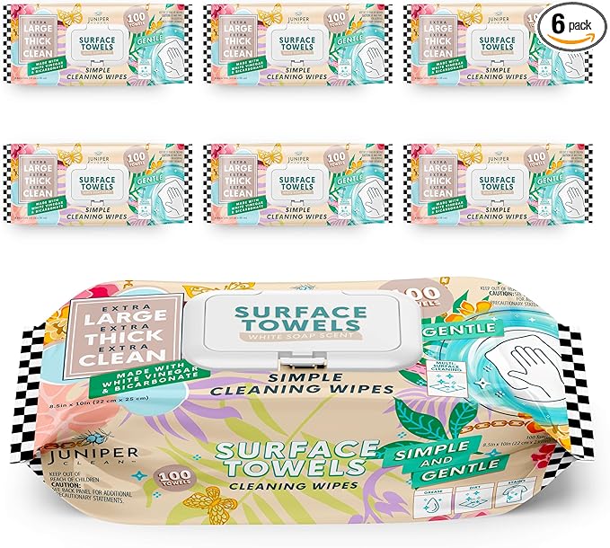 6 Packs Surface Cleaning Wipes, Thick & Large Dispose, All-Purpose Cleaner for Bathroom, Kitchen, Office, 600 Count Soft Flow, Biodegradable, White Soap Scent
