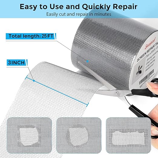 Grey Window Screen Repair Tape, 3IN X 25FT (300IN) Screen Repair Kit for Windows or Doors, Strong Adhesive Patch Kit Fiberglass Mesh Tape