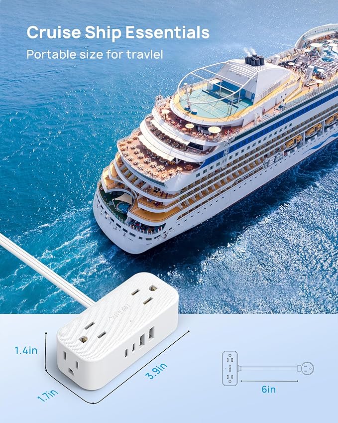 TROND Outlet Extender with 6 Inch Cord, Flat Plug Adapter for Inverted Sockets, 4 Electrical Sockets, 4 USB Ports, Multi Plug Wall Outlet for Home Travel, Cruise Ship Essentials, White