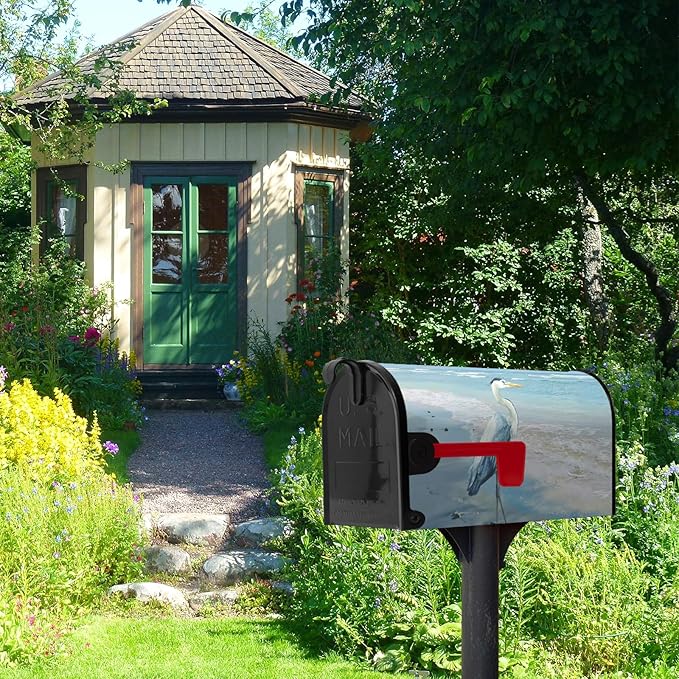 Heron Beach Mailbox Covers Oversized Summer Nautical Blue Mailbox Cover Magnetic Large Size 25.5x21 Inch Coastal Sea Bird Letter Post Box Wraps Decor for Garden Yard