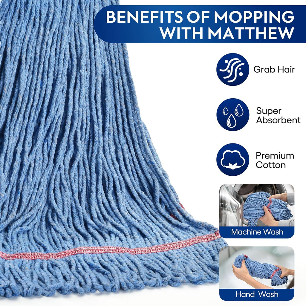 Matthew Cleaning 20oz Heavy Duty Mop Head Commercial Replacement for General and Floor Cleaning, Wet Industrial Blue Cotton Looped End String Head Refill (Pack of 3) Blue