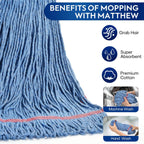 Matthew Cleaning 24oz Heavy Duty Mop Head Commercial Replacement for General and Floor Cleaning, Wet Industrial Blue Cotton Looped End String Head Refill (Pack of 3) Blue