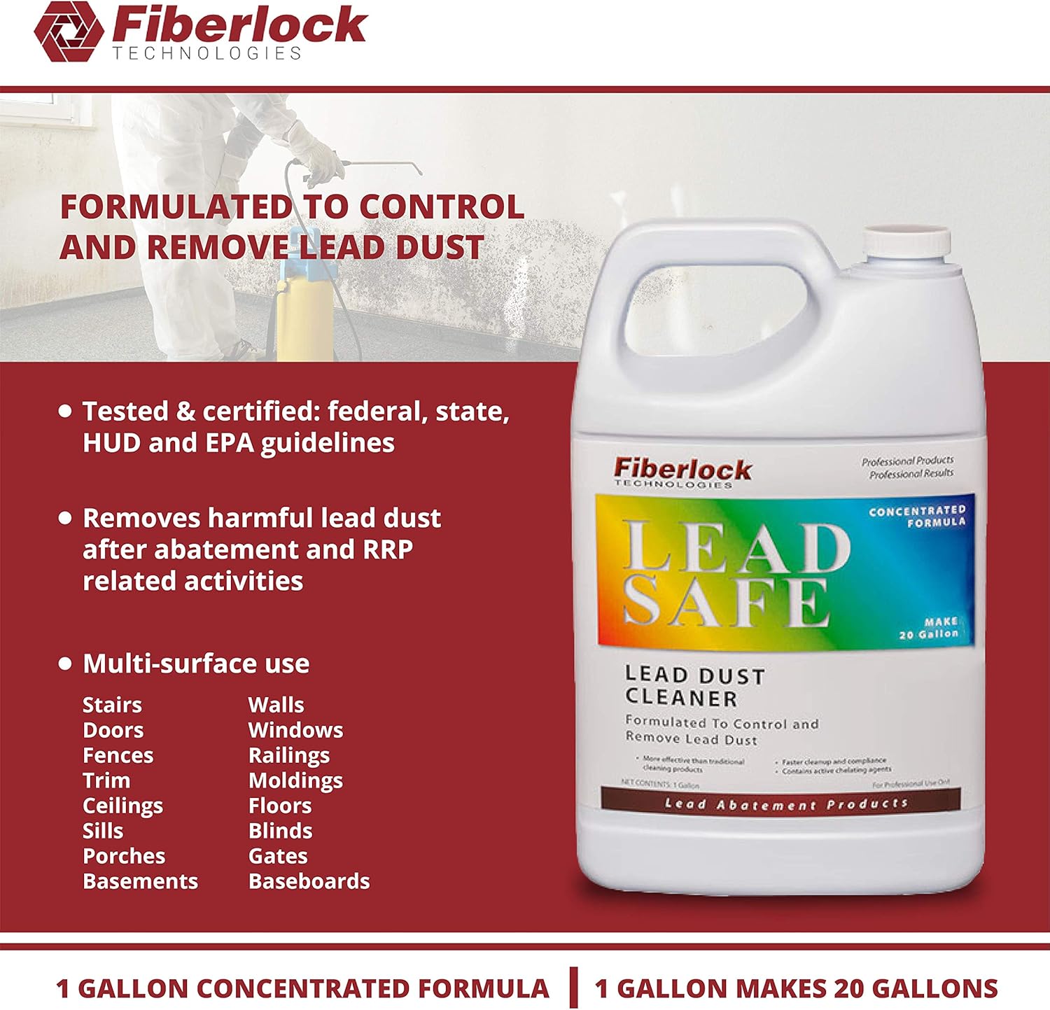 Fiberlock LeadSafe Cleaner, 1 Gallon, Lead Dust Cleaner, Controls & Removes Lead Dust After Renovation, Repair, Painting or Abatement Projects, Ideal for Walls, Windows, Floors, Doors, Trim & More