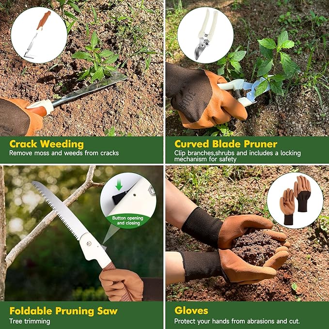 MelonArt Garden Tool Set,10 Pcs Heavy Duty Gardening Hand Tool Kit for Women Aluminum with Non Slip Ergonomic Handle, Storage Tote Bag and Gardening Gloves, Ideal Gifts for Women and Men