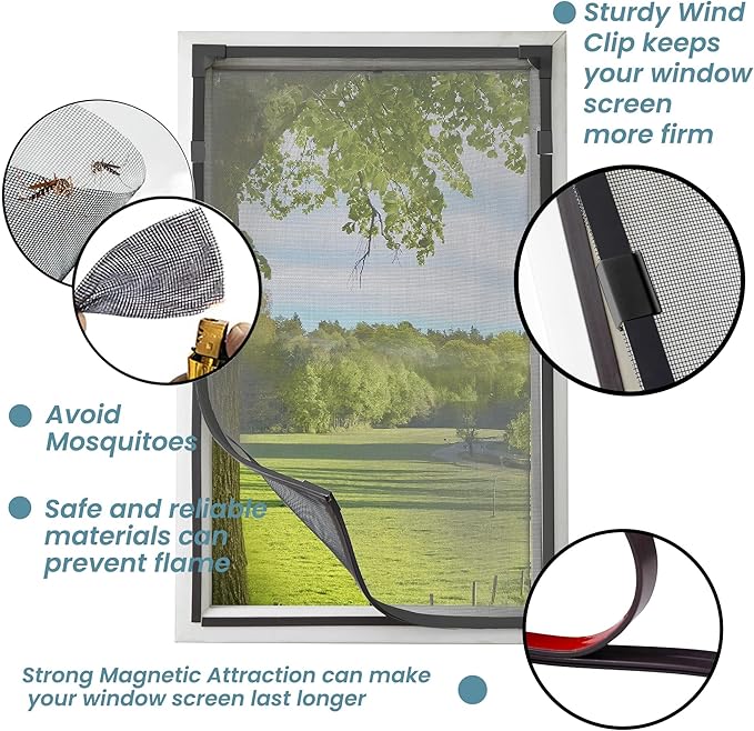 DIY Magnetic Window Screen Replacement Adjustable Mesh Screen 55"H*36"W with Magnets Fits Any Size White Frames with Grey Fiberglass Screen
