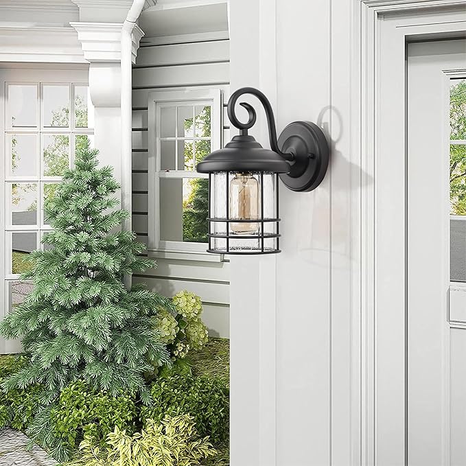 MICSIU Textured Black Exterior Wall Sconce Lantern, 9.8 Inch Outdoor Wall Lighting with E26 Based Socket，Clear Seedy Round Small Outside Lights for House, Entryway, Home, Patio, Garage, Doorway