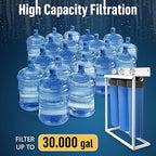 3 Stage High Capacity 20” Blue Whole House Water Filter System, Freestanding Steel Frame, Sediment, GAC+KDF & Carbon Cartridges, Presser Relief Button, 1” Brass Port, Pressure Gauges, Double O-Ring