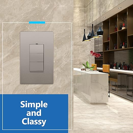 LIDER Matte Finish Lighted Triple Switch with Screwless Wall Plate, Combination Frameless Decorator Switch with Locator Light, Ground Terminal Single Pole, 15A 120V, UL Listed, Nickel, 2 Pack