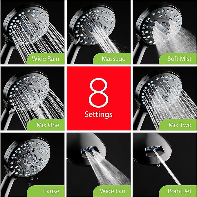 AquaCare High Pressure 8-mode Handheld Shower Head - Anti-clog Nozzles, Built-in Power Wash to Clean Tub, Tile & Pets, Extra Long 6 ft. Stainless Steel Hose, Wall & Overhead Brackets