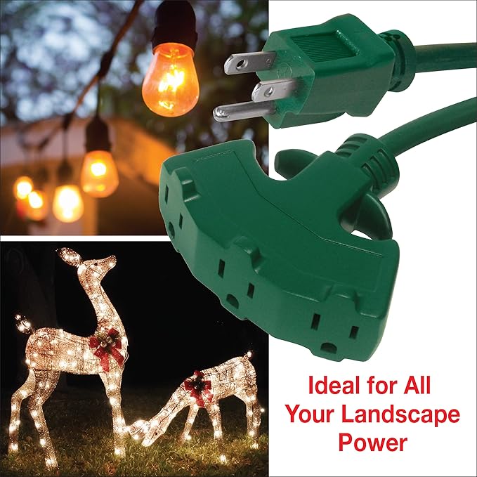 Clear Power Outdoor Extension Cord - 8 FT, Green | Lawn & Garden, 16/3 SJTW, 3-Outlet, Water & Weather Resistant, Flame Retardant, 3 Prong Grounded Plug, Perfect for Christmas and Holiday (CP10210)