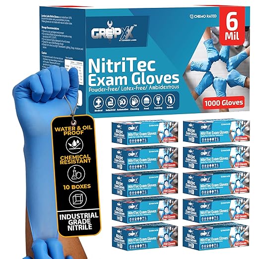 Heavy Duty 6 Mil Blue Nitrile Gloves Disposable Latex & Powder Free -Extra Stretchy Fentanyl Safe |Medical,First Aid Kit,EMT|Food Safe Rubber Gloves for Cooking & Cleaning|Bulk Pack (1000)