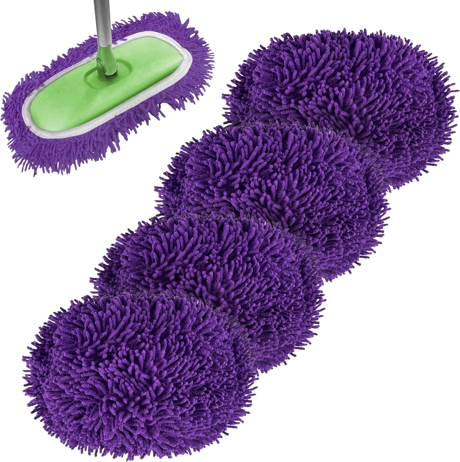 Reusable Microfiber Chenille Mop Pads Compatible with Swiffer Sweeper, Dry Sweeping Cloths & Wet Mopping Cloths, Refills for Hardwood Surface Floor Cleaning, 4 Pack (Purple)