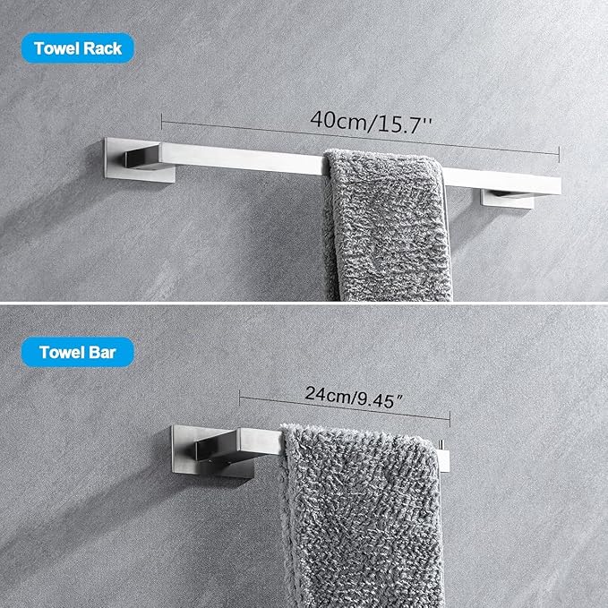 4-Pieces Bathroom Hardware Accessories Set, Towel Rack Towel Bar Toilet Paper Holder Towel Hook Self Adhesive Stainless Steel Towel Rack Set for Bathroom Wall Mounted, Brushed Nickel, 16 Inch