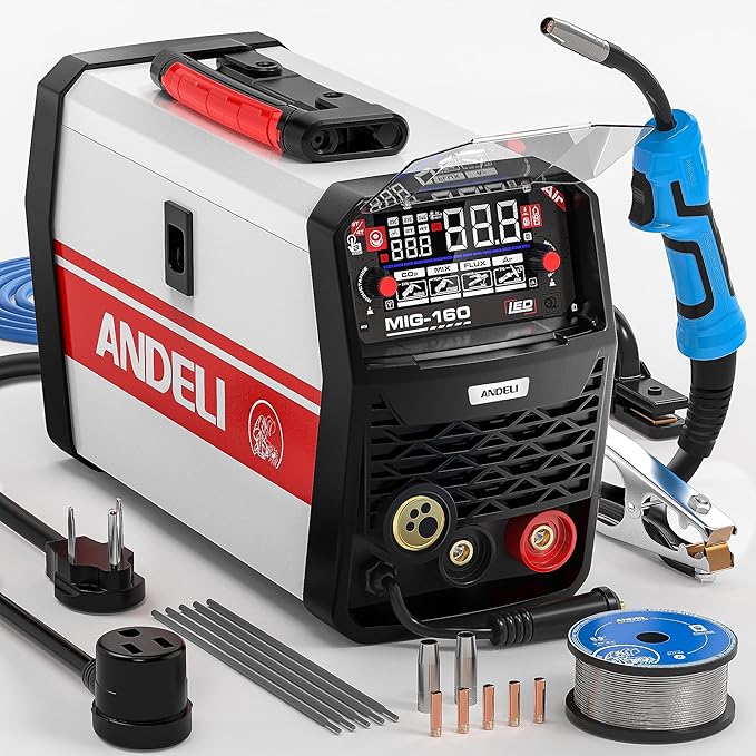 ANDELI MIG Welder, 160Apm 110V/220V Dual Voltage GAS MIG/FLUX MIG/LIFT TIG/STICK 4-In-1 Multiprocess MIG Welder, LED Digital Display Synergic Control,Gas Gasless MIG Welding Machine MIG-160 AIR