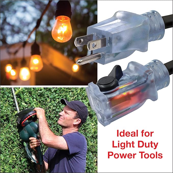 Clear Power 80 ft Outdoor Extension Cord 16/3 SJTW with Lighted Locking Connector, Black, Water & Weather Resistant, Flame Retardant, 3 Prong Grounded Plug, CP10128