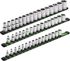 ARES 60045-3-Piece 17-Inch Green Aluminum Socket Rail Set - 1/4-Inch, 3/8-Inch, and 1/2-Inch Drive Socket Organizers Hold 48 Sockets